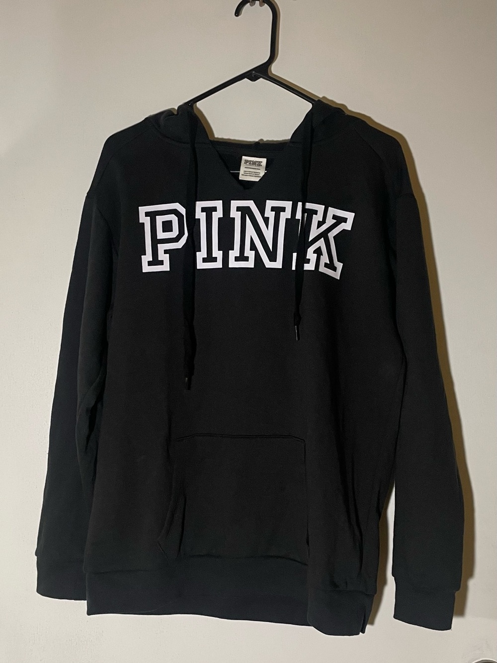 89b PINK Victoria's Secret Women's Black/White Logo Pullover Hoodie Pockets XS